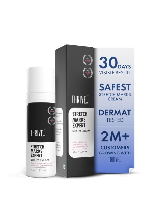 ThriveCo Stretch Marks Expert Serum Cream | Clinically Proven Treatment for New red & Old white Stretch Marks & Scars Removal | Infused with Collarev®, Striover™, Rosehip Oil | Women  | 30ml - Image 1